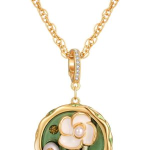 Vintage Art Deco Necklace Van Gogh Flowers Green Oil Painting Style Women's Pendant Necklace
